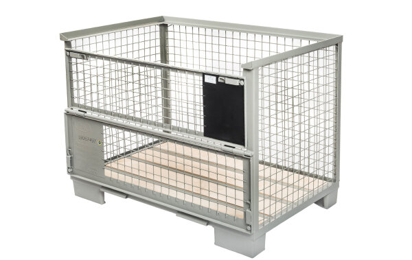 GEWA EUR-Gitterbox DB Tauschf&auml;hig UIC-435.3 EPAL 1200 x 800 x 800 mm mit zwei Klappen auf der L&auml;ngsseite Steingrau RAL 7030 70 kg  5-Fach Stapelbar